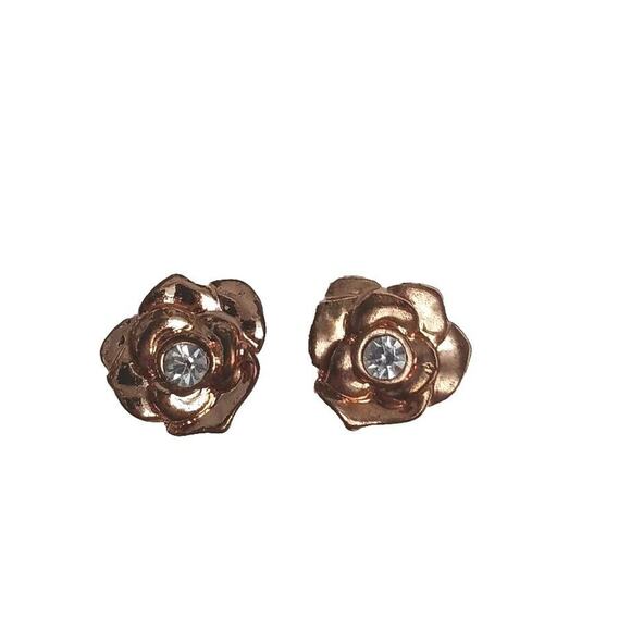 Rose Gold French Camelia Stud Earring Flower Simulated Diamond Pierced Fairygoth - Picture 5 of 7
